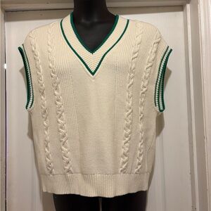 Talbots Cream Cable-Knit Sweater Vest with Green Trim